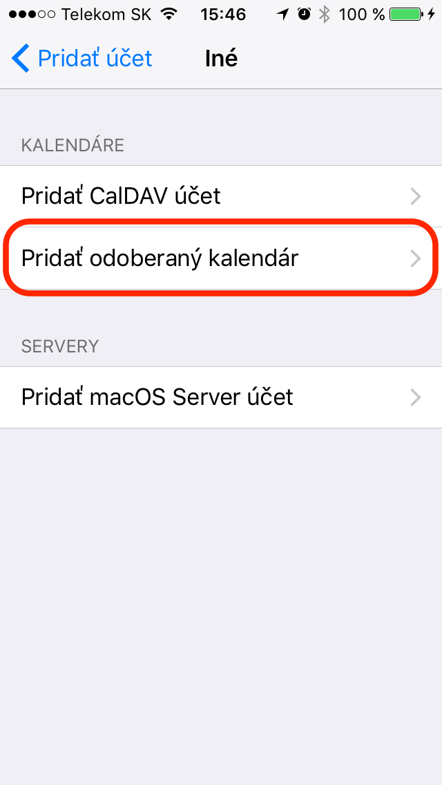 Obrazovka s možnosťou Pridať odoberaný kalendár