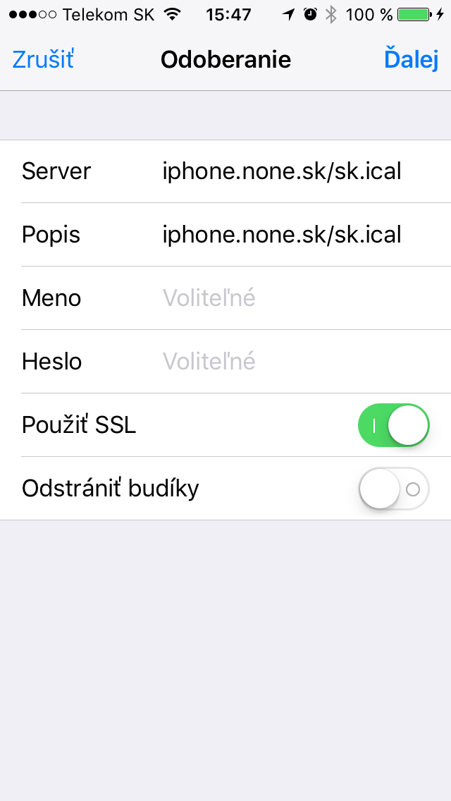 Zadanie adresy odoberaného kalendára iphone.none.sk/sk.ical